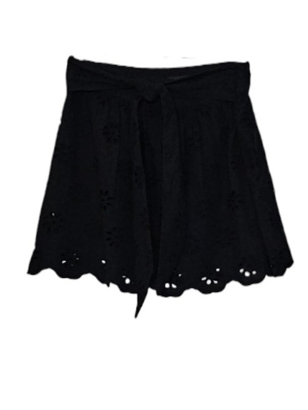 The Kooples Flowy Black Eyelet Cotton Lined Mini Skirt w Tie Front Belt size 1 - Picture 2 of 13